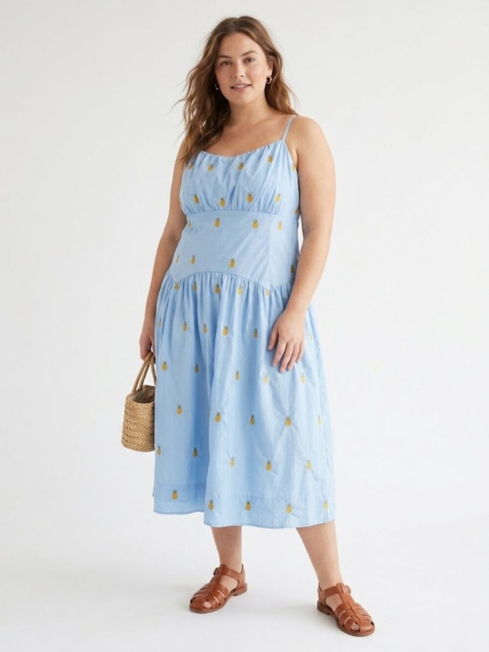 Free Assembly Blue Pineapple Milkmaid Midi Dress 2X Cotton Cottagecore